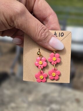 Pink Floral Drop Earrings with Gold-Tone Accents